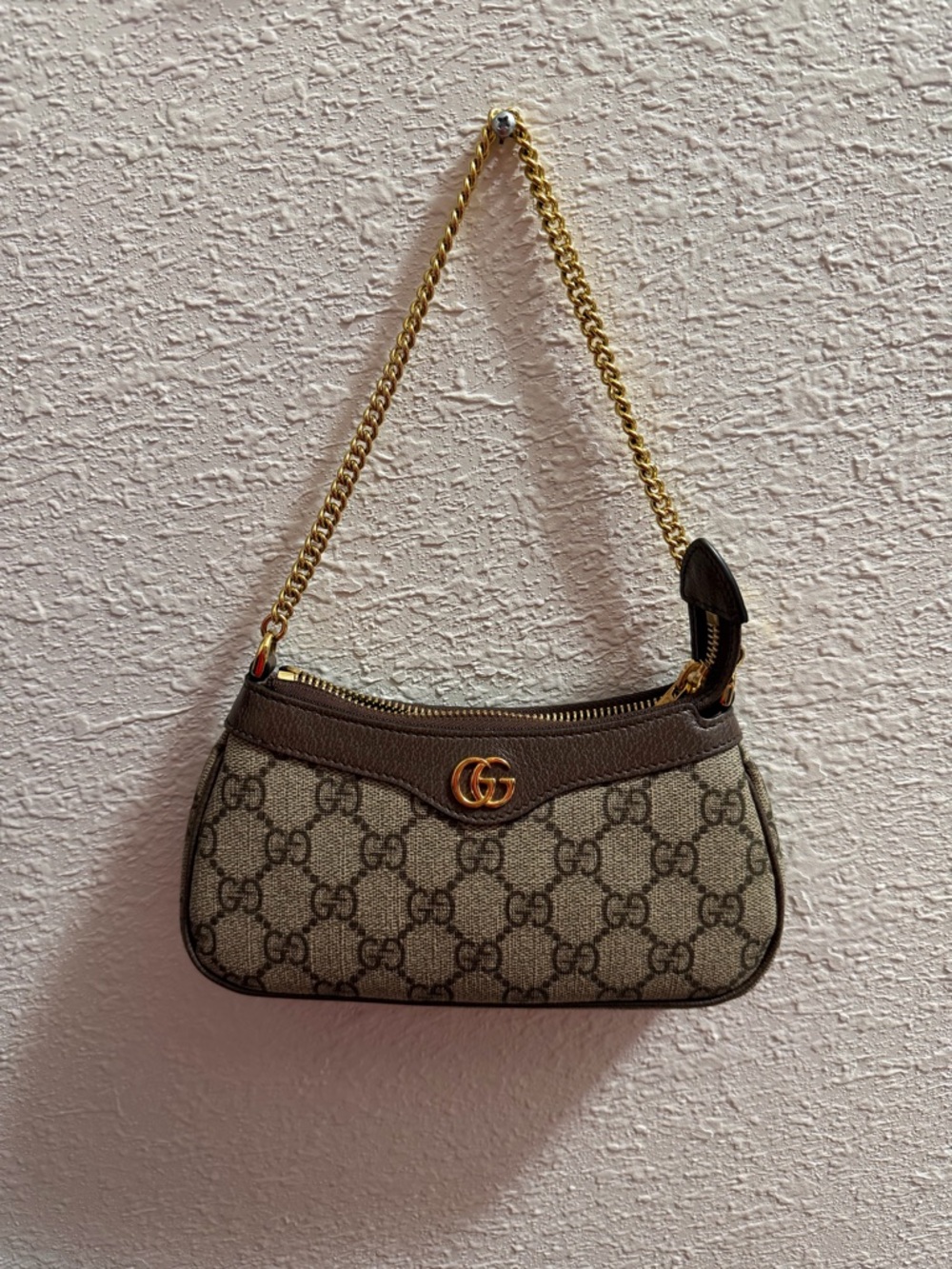 Gucci Beige & Brown GG Canvas Mini Shoulder Bag with Gold Chain